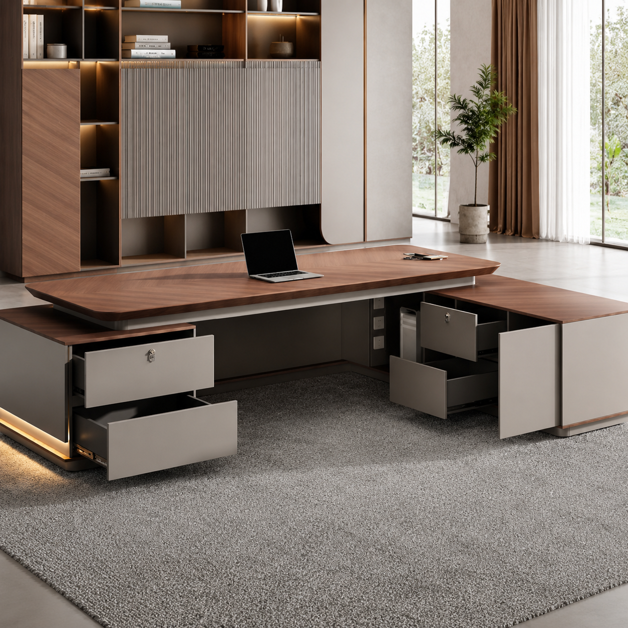 Office Desk with Integrated Storage Return, Executive Workstation for CEOs, Founders, Business Leaders and Premium Corporate Interiors