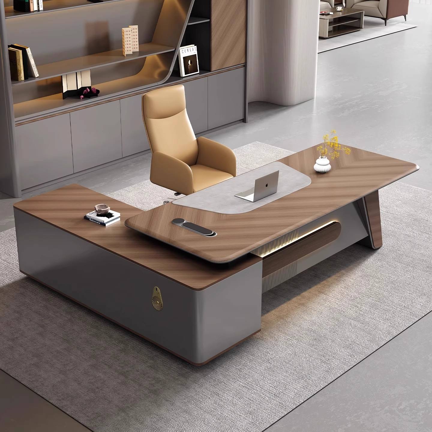 Designer Executive Office Table with Side Storage Extension, Director Workstation for Corporate Headquarters,