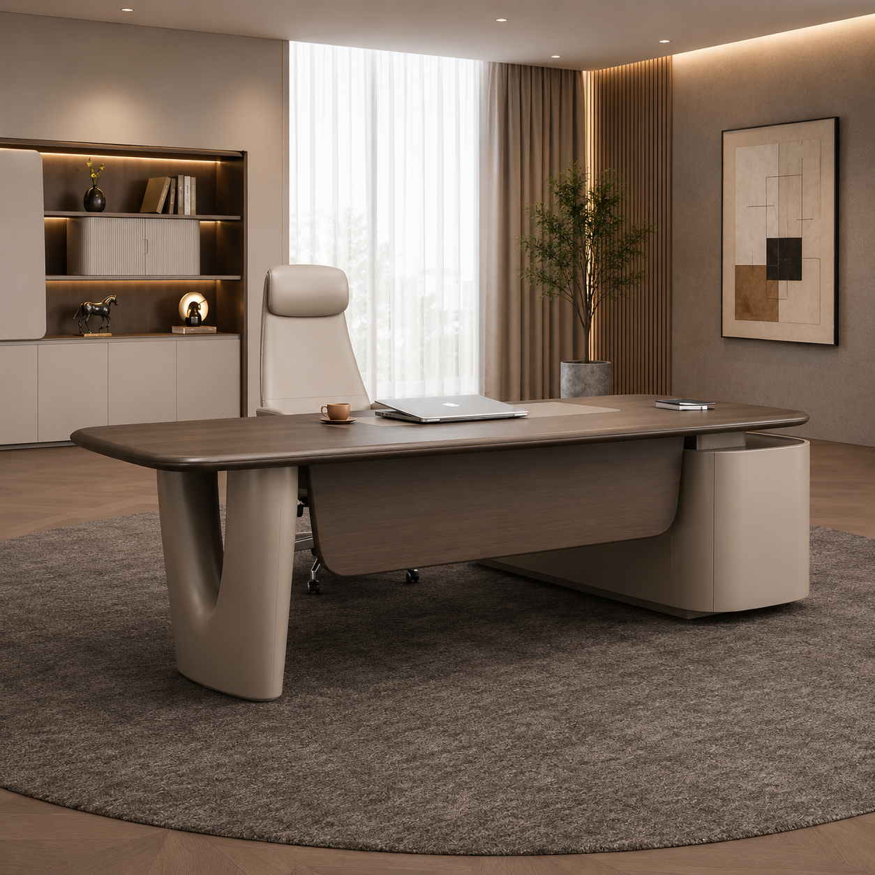 Luxury CEO Office Table with Integrated Credenza Storage, Contemporary Executive Workstation for Leadership Cabins and Premium Office Interiors