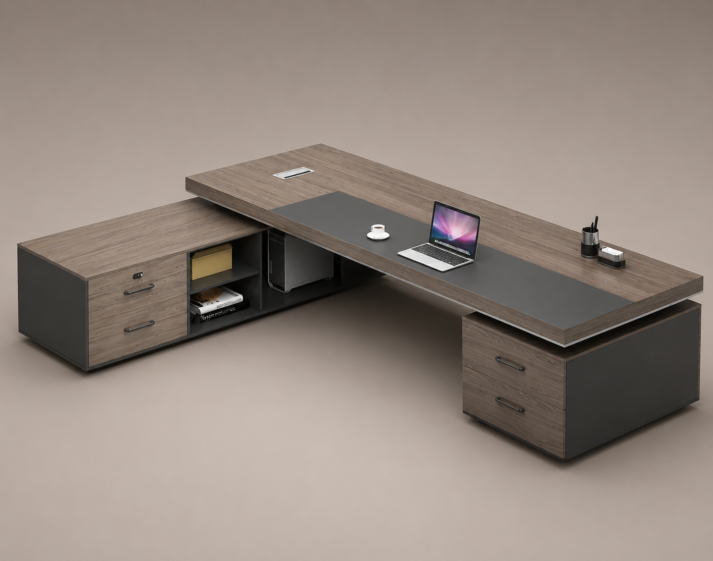 Director Office Table with Storage Cabinet, Modern Executive Desk, Particle Board Office Furniture for Corporate Cabin