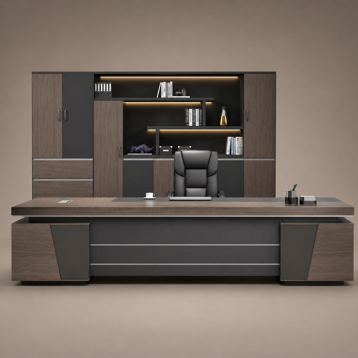 Director Office Table with Storage Cabinet, Modern Executive Desk, Particle Board Office Furniture for Corporate Cabin