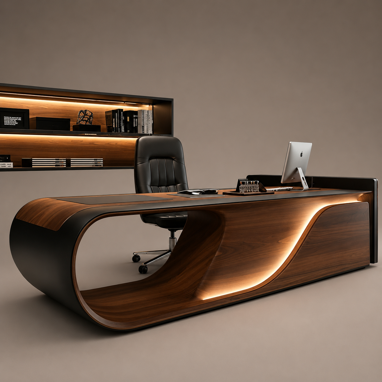 Luxury Director Office Table with Curved Executive Design, MDF Laminate PU Finish, Premium Office Desk for CEO Cabin