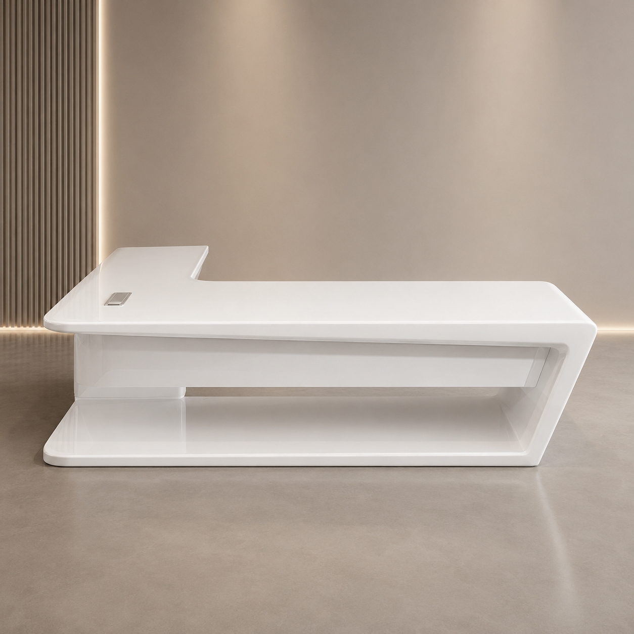 Luxury L Shape Director Office Table, MDF Laminate PU Finish, Modern Executive Desk for CEO Cabin and Corporate Workspace