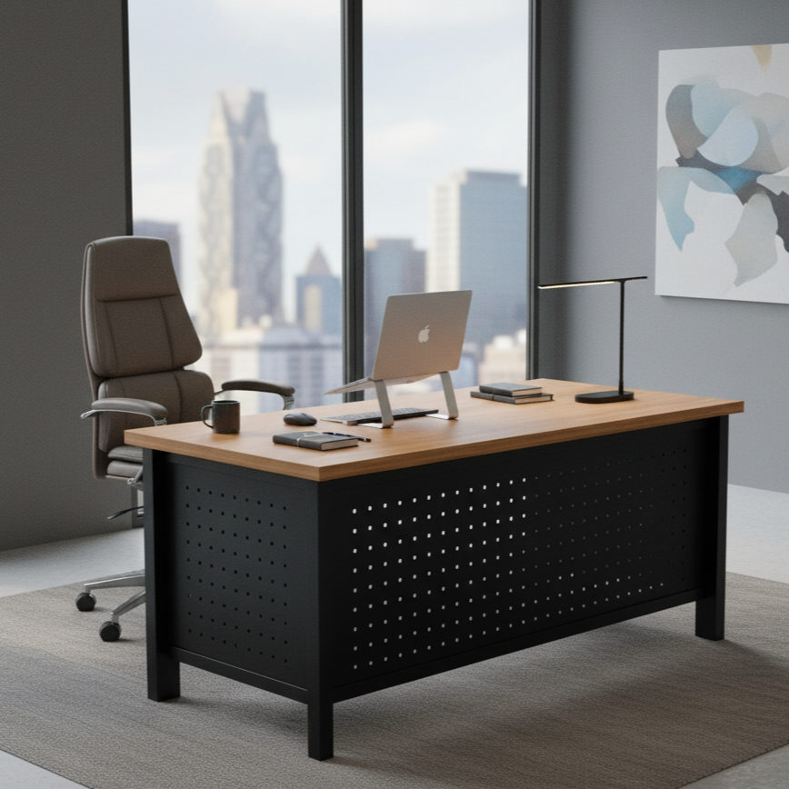 Modern Executive Office Desk with Wooden Top, Perforated Metal Front Panel & Heavy Duty Metal Frame for Office and Home Workspace