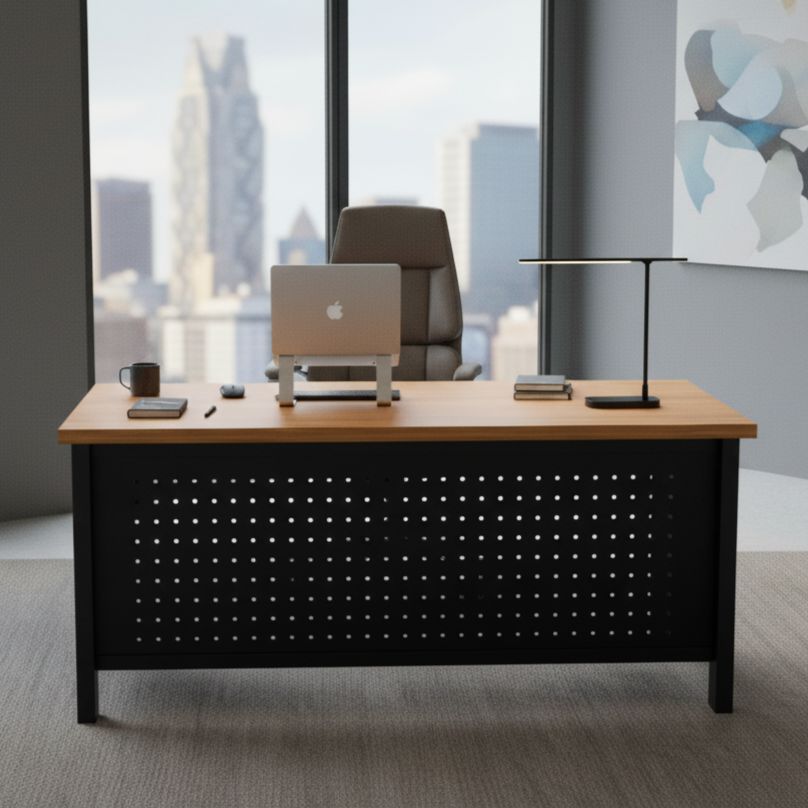 Modern Executive Office Desk with Wooden Top, Perforated Metal Front Panel & Heavy Duty Metal Frame for Office and Home Workspace