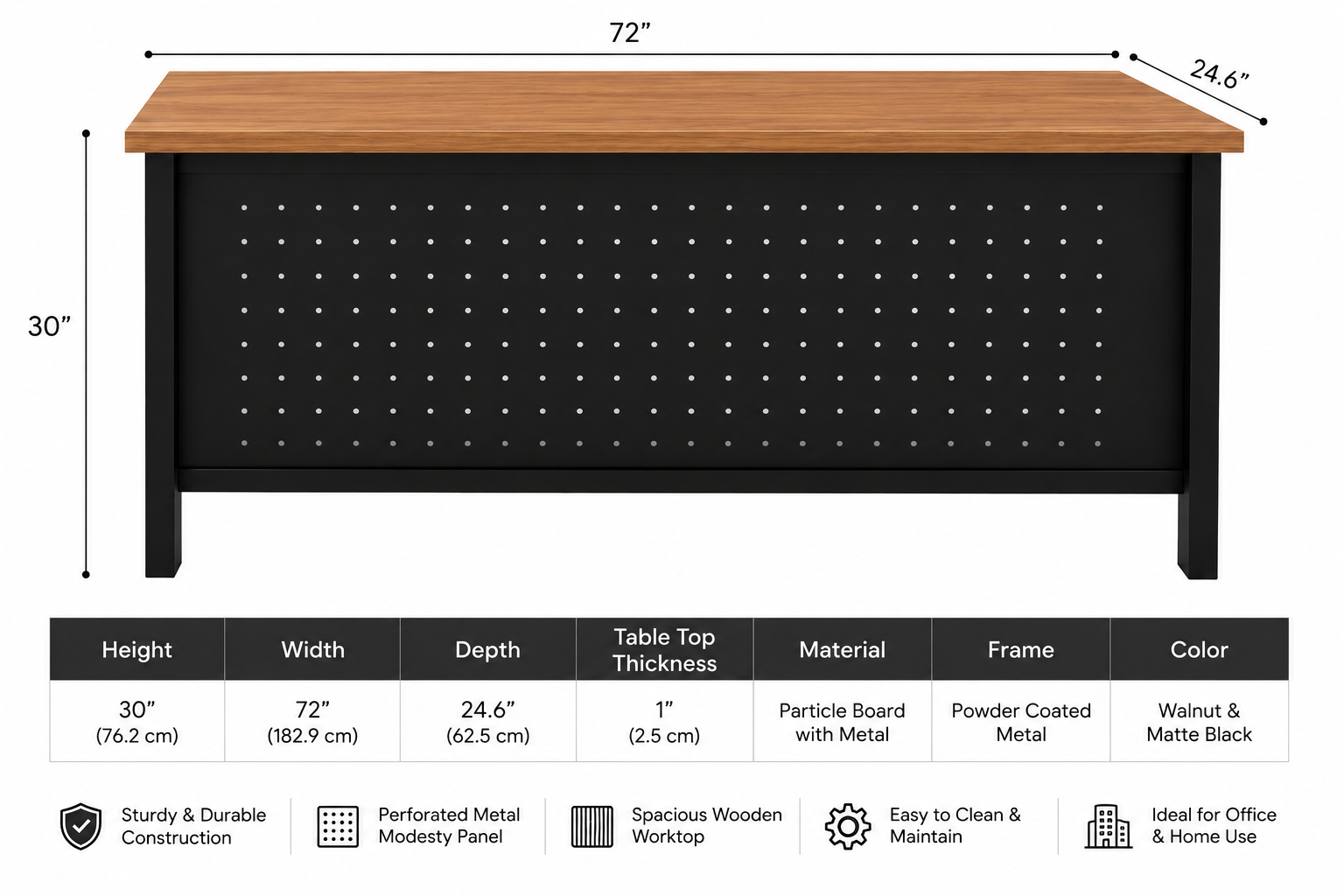 Modern Executive Office Desk with Wooden Top, Perforated Metal Front Panel & Heavy Duty Metal Frame for Office and Home Workspace