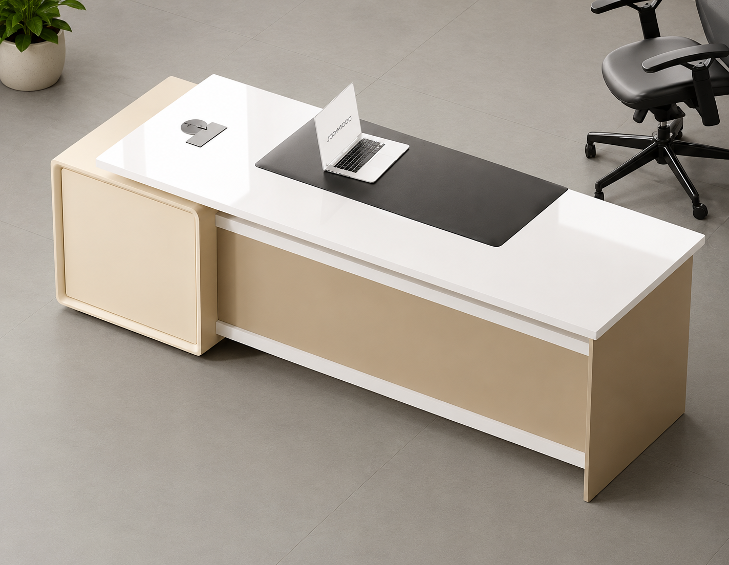Modern Executive Office Desk with Side Storage Cabinet, Premium Manager Table in Particle Board & MDF with PU Finish for Workspace