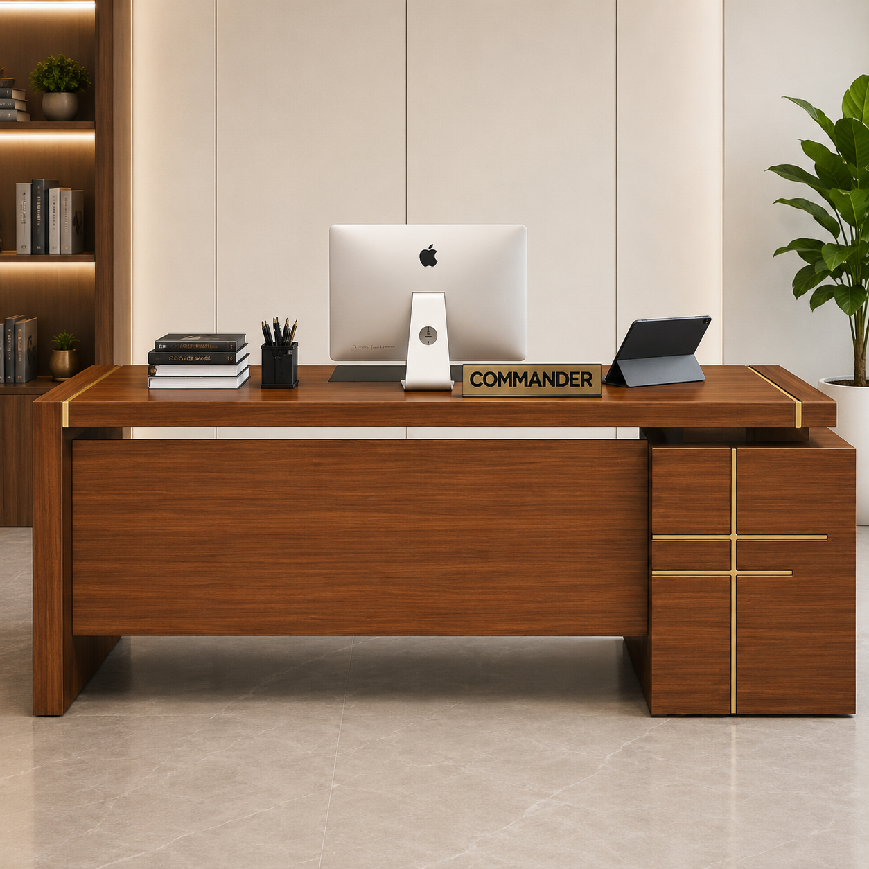 Modern Executive Director Office Table with Side Storage, Lockable Drawers & Premium Wooden Office Desk for CEO Cabin