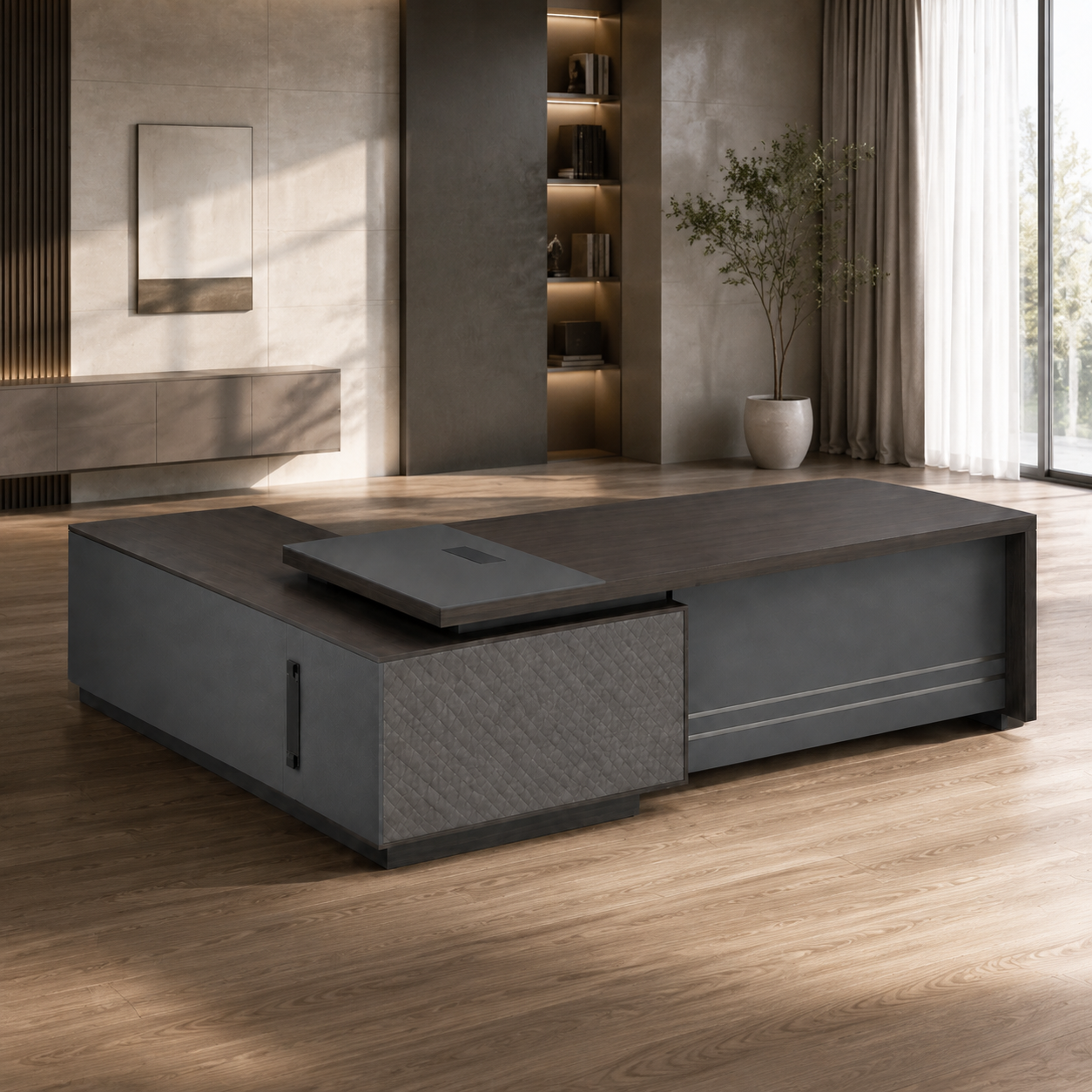 Luxury L-Shaped Executive Office Table with Side Storage, Textured Front Panel and Built-In Cable Manager for Director Cabin Workspace