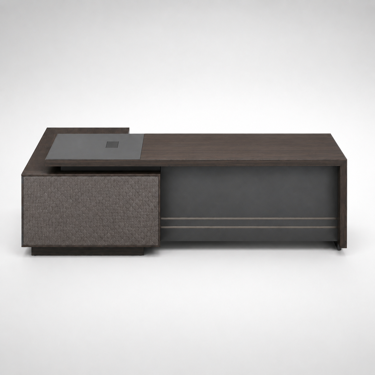 Luxury L-Shaped Executive Office Table with Side Storage, Textured Front Panel and Built-In Cable Manager for Director Cabin Workspace