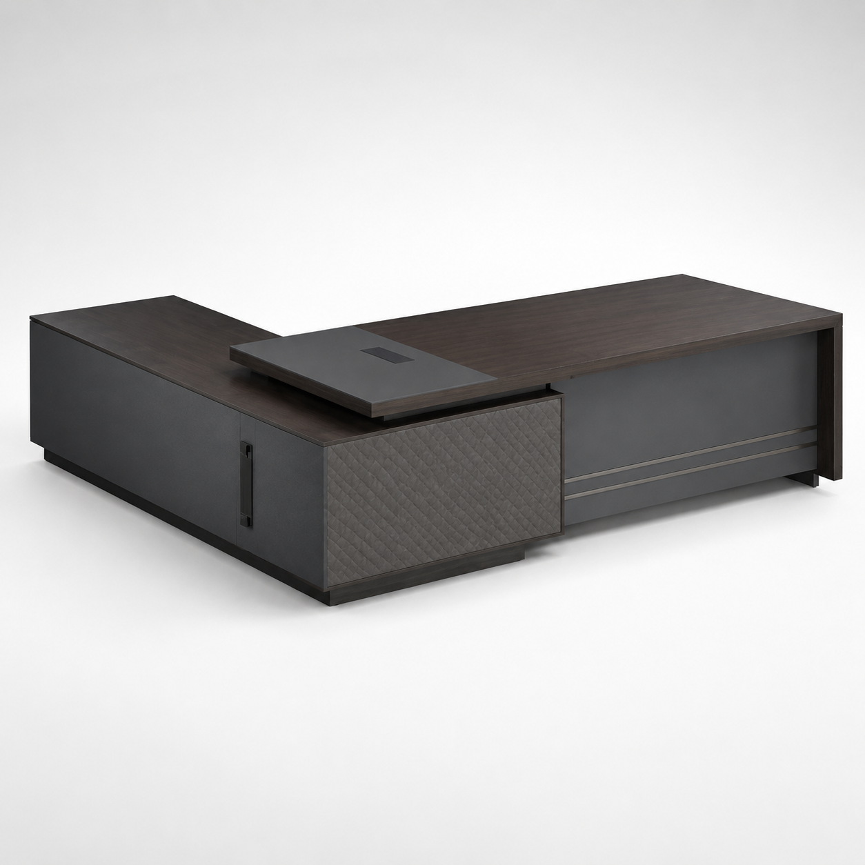 Luxury L-Shaped Executive Office Table with Side Storage, Textured Front Panel and Built-In Cable Manager for Director Cabin Workspace