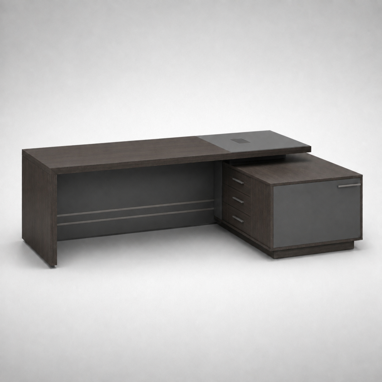 Luxury L-Shaped Executive Office Table with Side Storage, Textured Front Panel and Built-In Cable Manager for Director Cabin Workspace