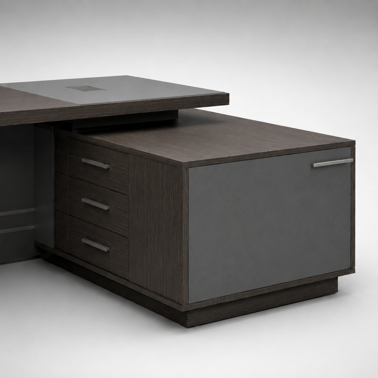 Luxury L-Shaped Executive Office Table with Side Storage, Textured Front Panel and Built-In Cable Manager for Director Cabin Workspace