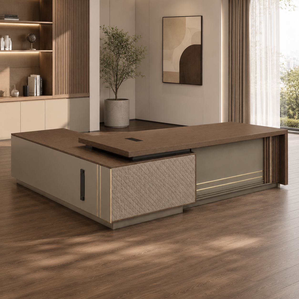 Luxury L-Shaped Executive Office Table with Side Storage, 3 Drawers, Cabinet and Cable Manager for Director Cabin and Workspace