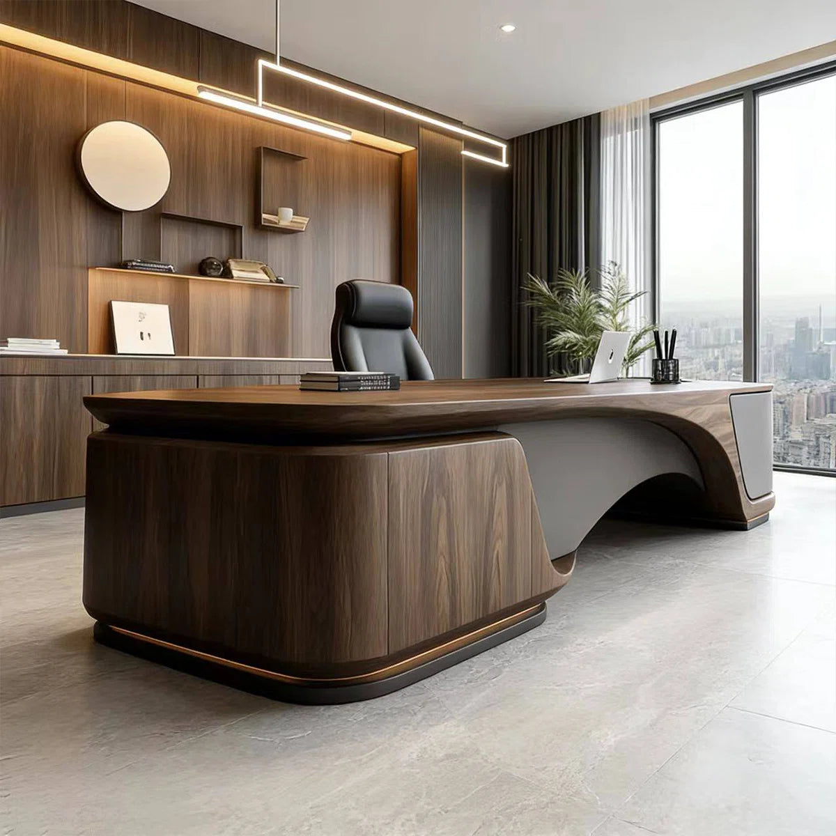 Luxury Executive Director Office Table with Modern Curved Design, Spacious Worktop, Premium Wood Finish and Sculpted Base for Corporate Offices