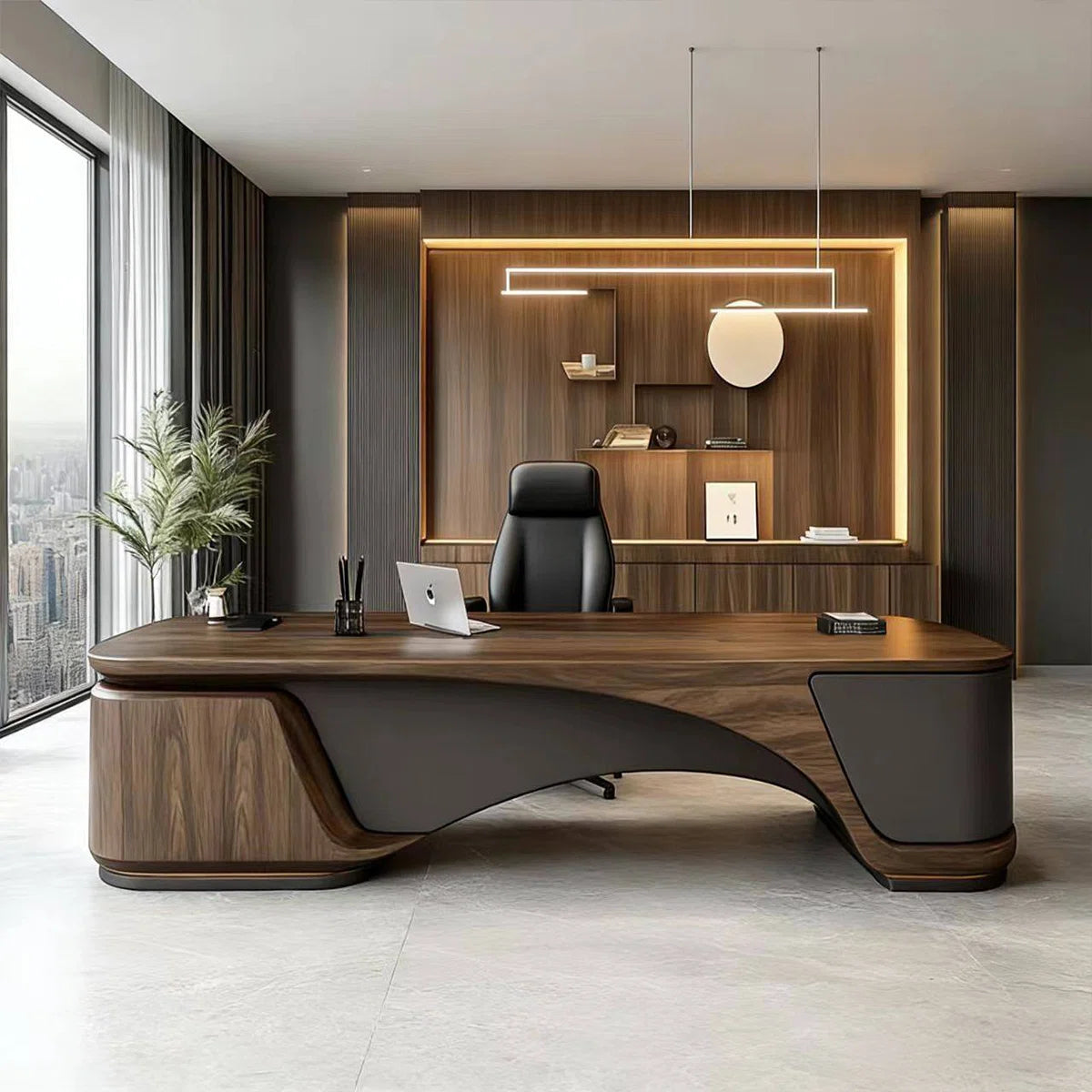 Luxury Executive Director Office Table with Modern Curved Design, Spacious Worktop, Premium Wood Finish and Sculpted Base for Corporate Offices