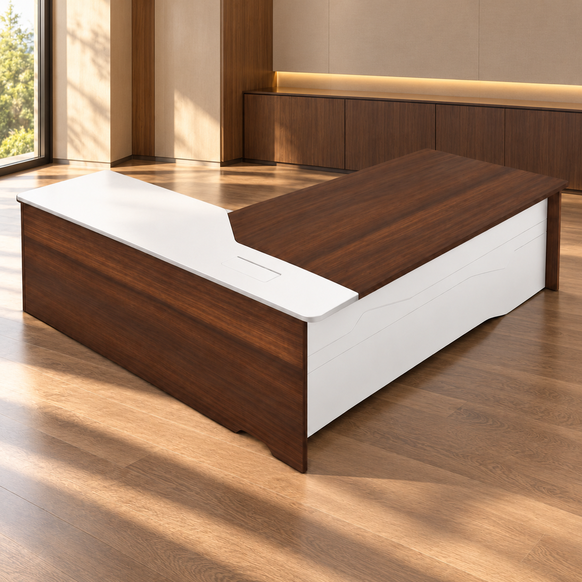 Luxury Executive Director Office Table with Modern Curved Design, Spacious Worktop, Premium Wood Finish and Sculpted Base for Corporate Offices (Copy)