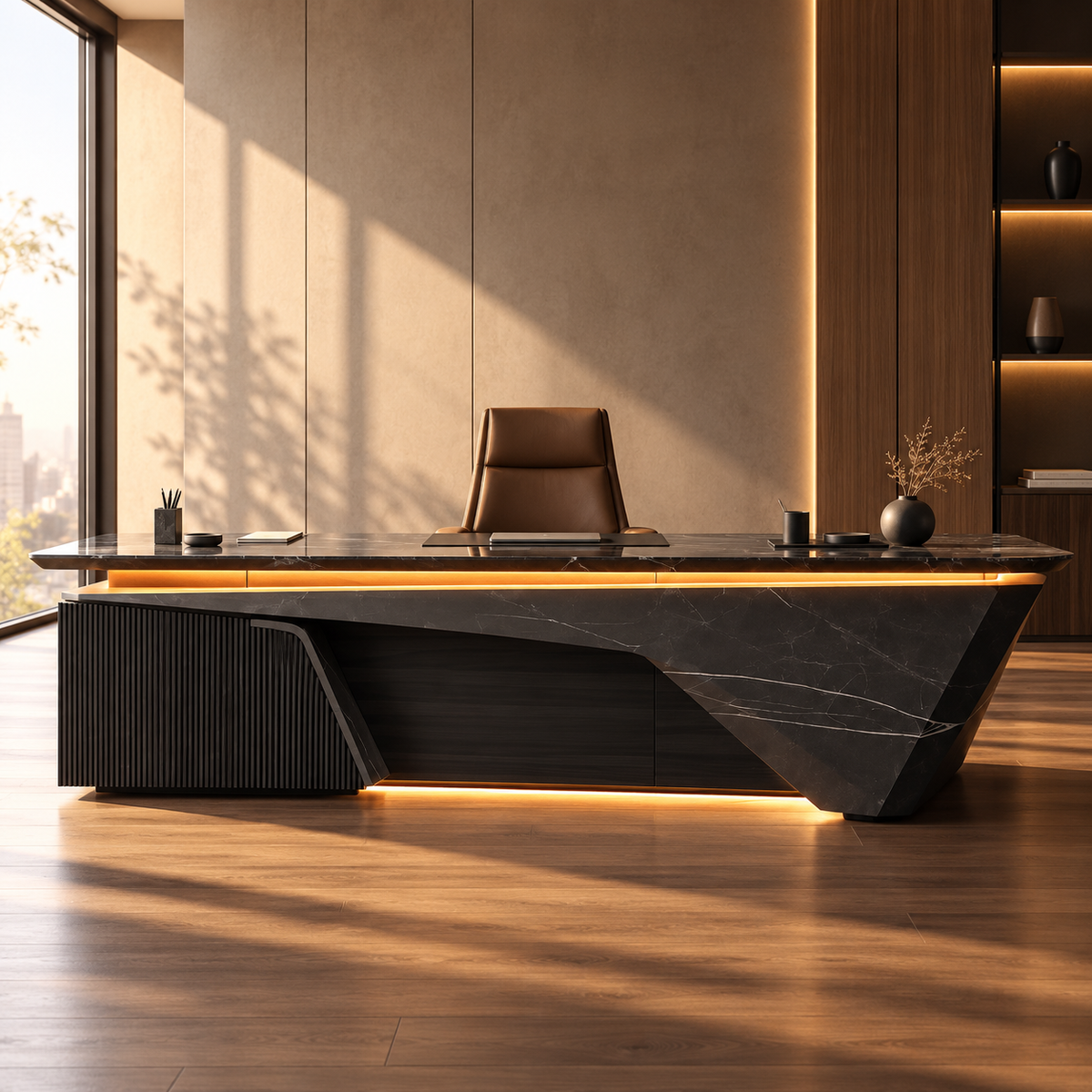 Luxury Modern Executive Director Desk with Angular Pedestal Base, LED Accent Lighting, Spacious Worktop & Premium Design for CEO Cabins