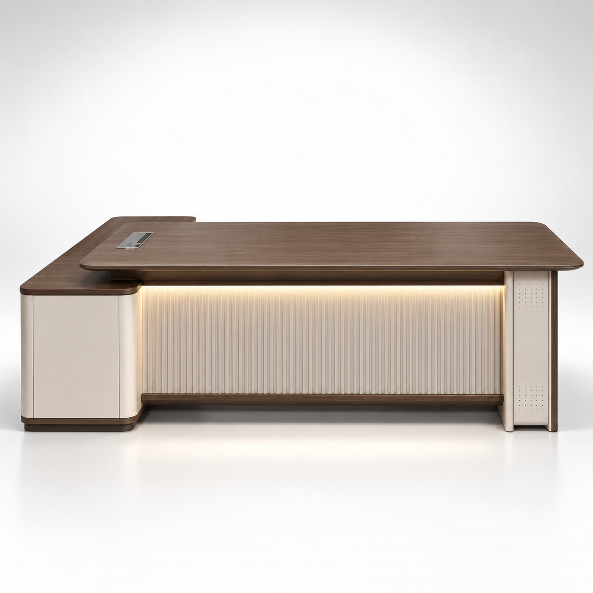 Luxury Modern Director Office Table with Spacious Worktop, Vertical Fluted Front Panel, Side Storage Unit & Premium Executive Design