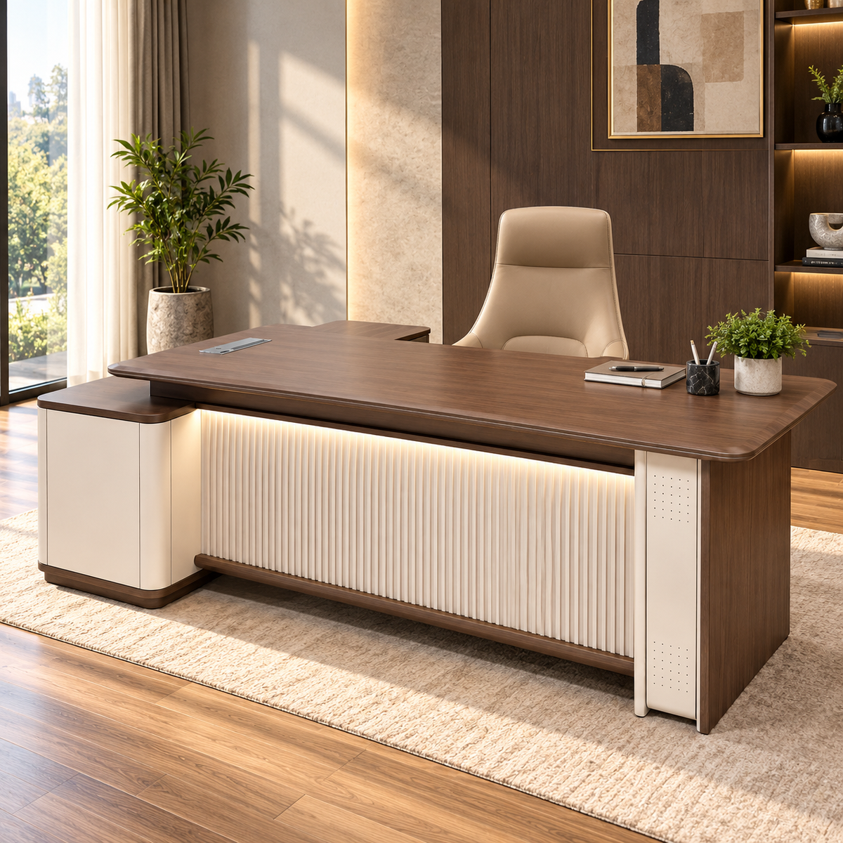 Luxury Modern Director Office Table with Spacious Worktop, Vertical Fluted Front Panel, Side Storage Unit & Premium Executive Design