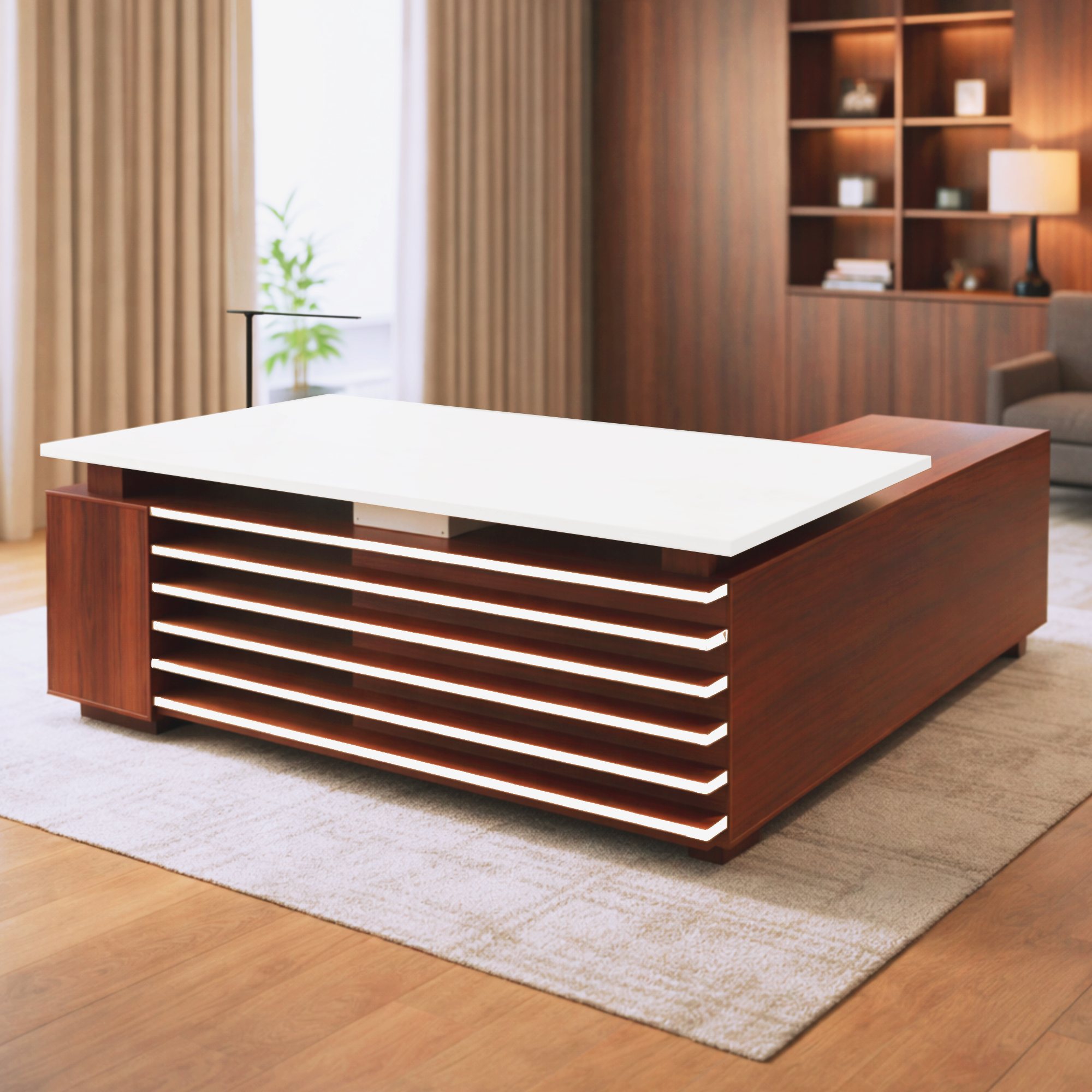 Modern wooden desk with white top in a room with shelves and curtains