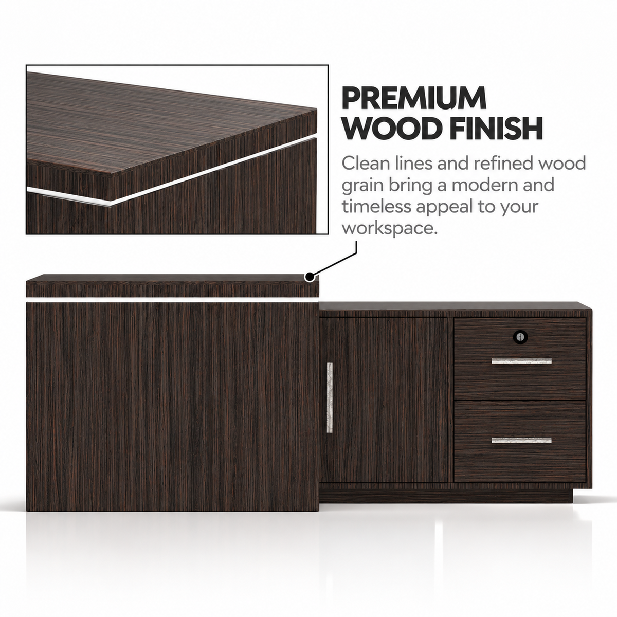 Luxury Executive Director Table with Marble Finish Panels with Premium CEO Office Desk in Dark Wood and Modern L-Shape Corporate Furniture