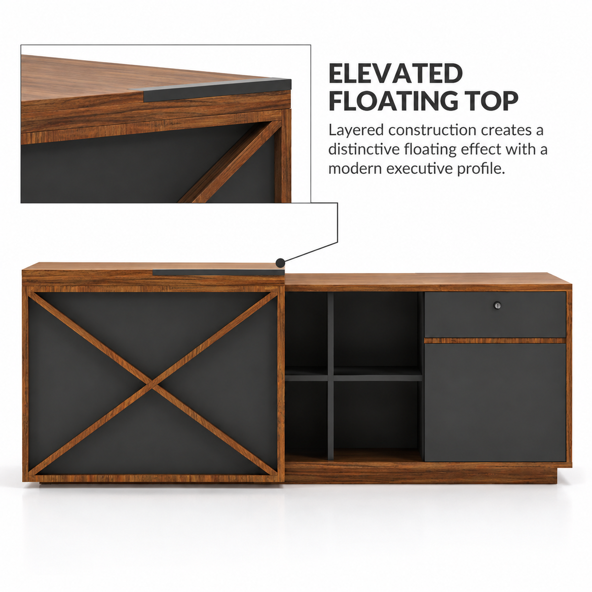 Director L-Shaped Office Table Luxury Design Double-layer Gable End and Modesty Panel Walnut & Grey Office
