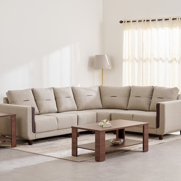 L Shape Suede Fabric 6 Seater Sofa Set Luxury Furniture with Solid Woo