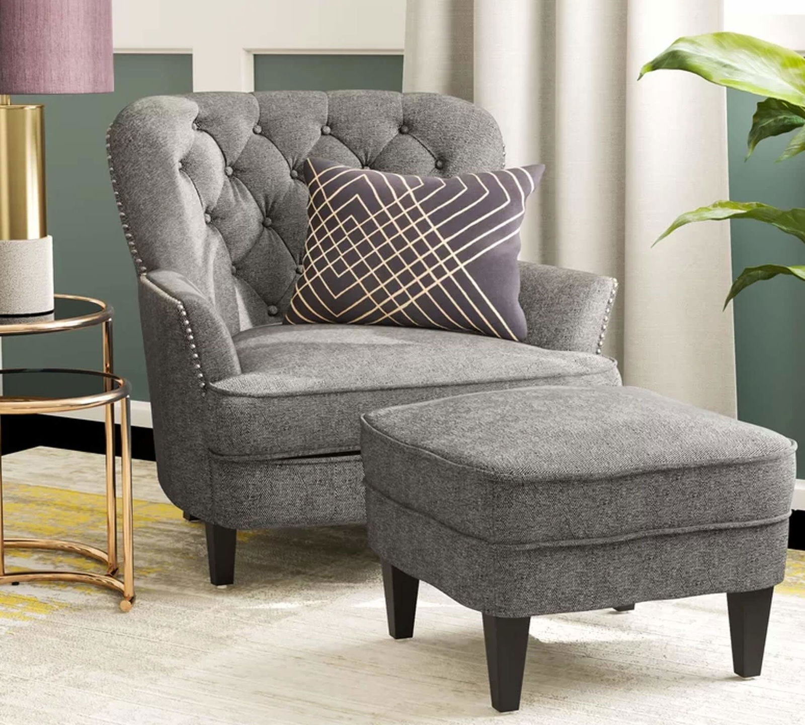 Lounge Chair with Ottoman in Wooden Legs -