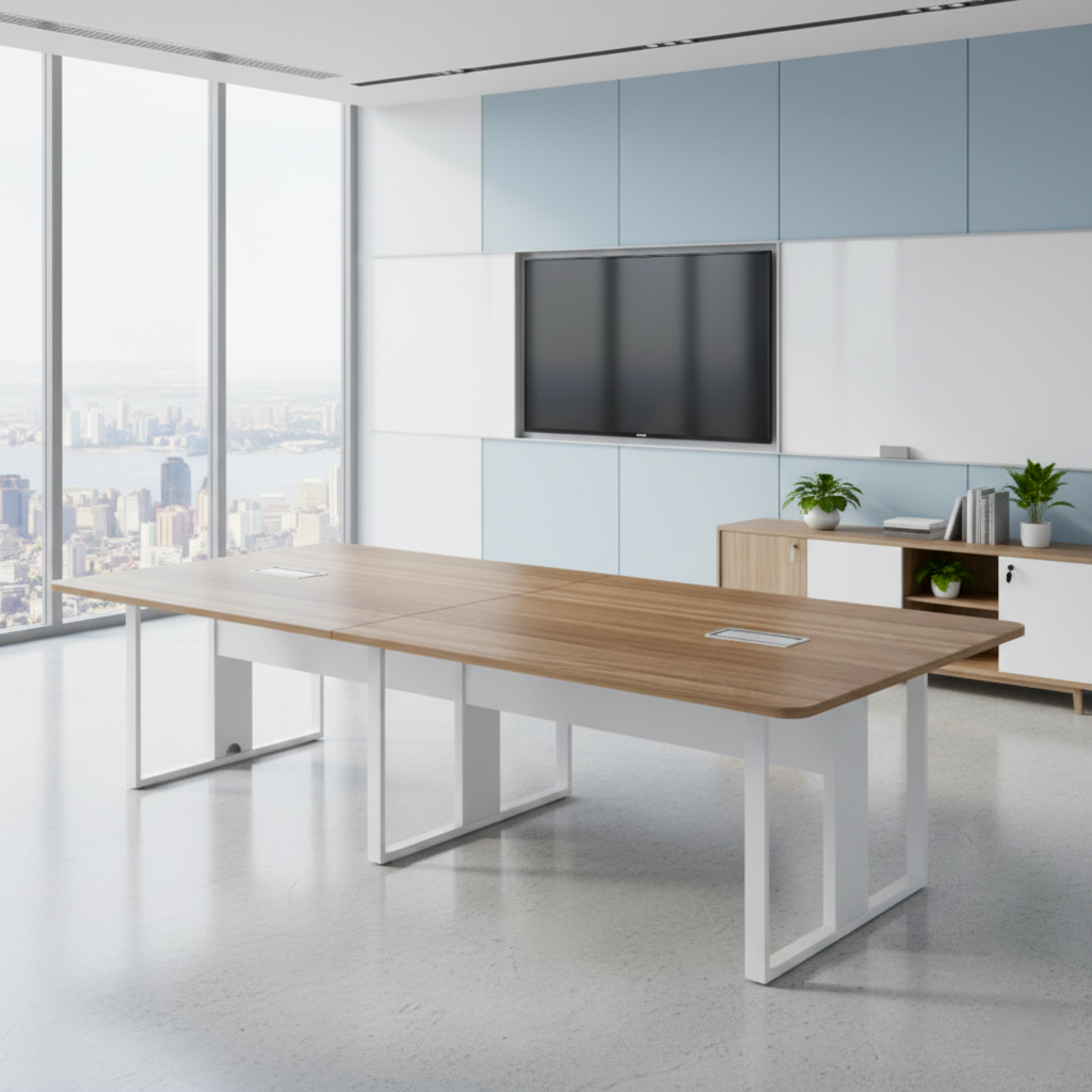 Conference Meeting Table Light Brown Color with Metal Base Made in MDF with Laminate, Office Table