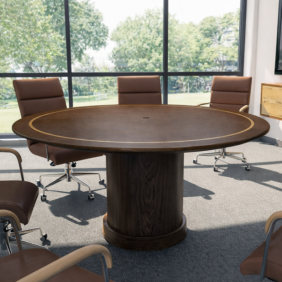 Conference room with a large wooden table and brown chairs.