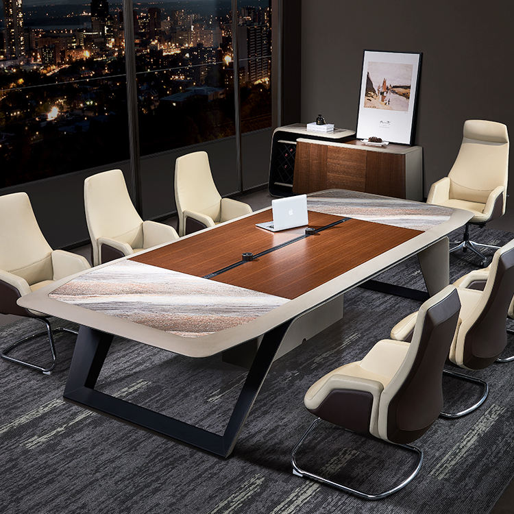 Luxury Executive Meeting Table for Office with Premium Marble Finish Conference Table and Metal Base, Modern Corporate Office Furniture