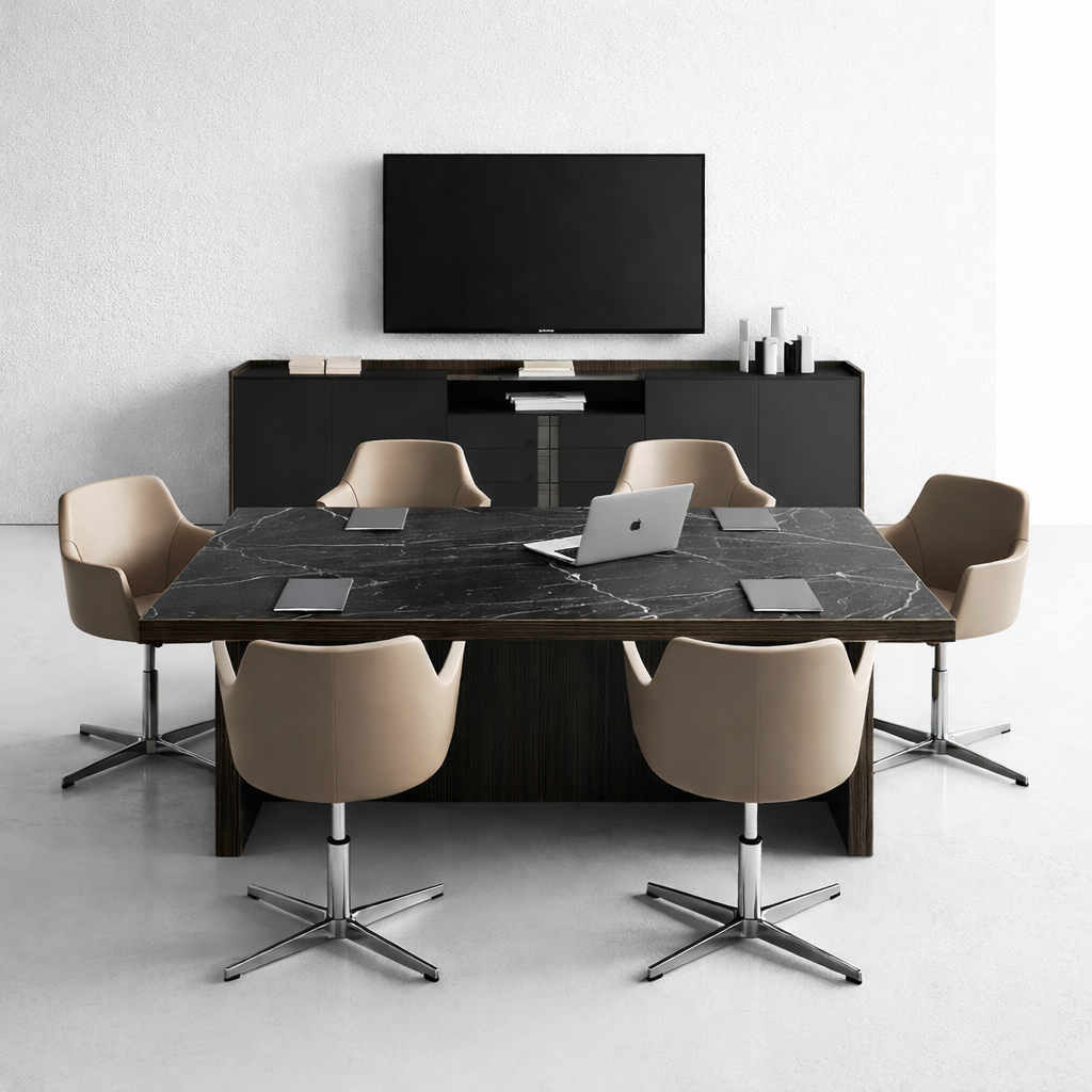 Modern Wooden Conference Table for Office | Premium Boardroom Meeting Table with Rounded Corners, Integrated Wire Manager and Metal Base (Copy)