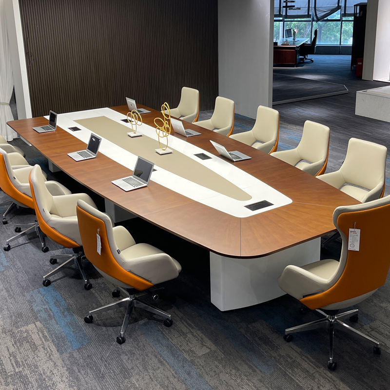 Premium Oval Conference Meeting Table with Integrated Wire Manager, Wooden Finish Top, White Base – Modern Boardroom and Executive Office Table