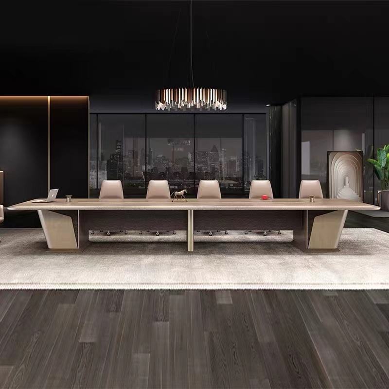 Luxury Executive Boardroom Meeting Table with Textured Wood Finish, Wire Manager and Premium Base – Modern Conference Table for Corporate Office Spaces