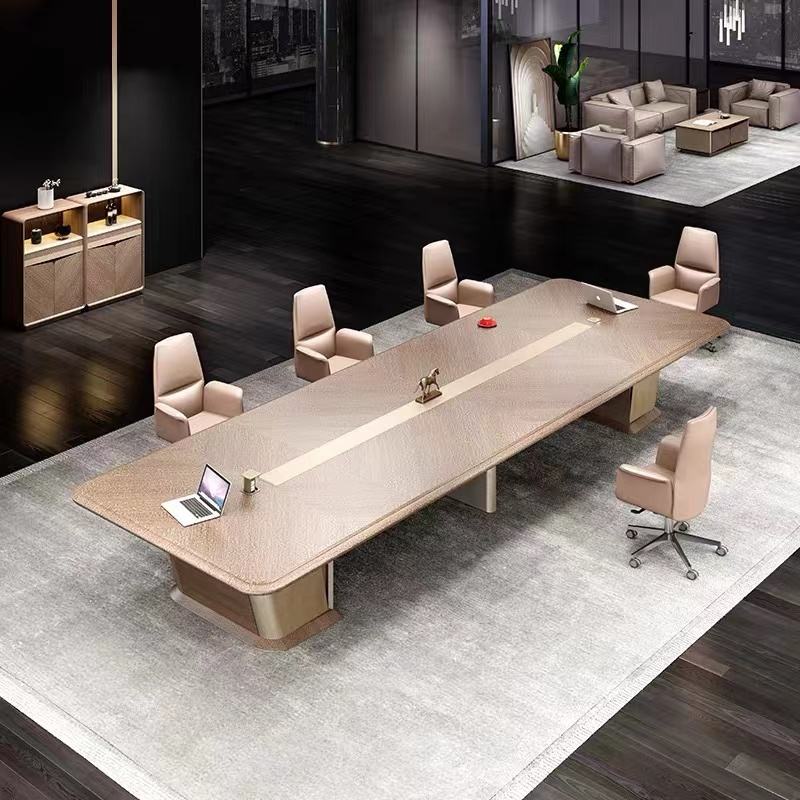 Luxury Executive Boardroom Meeting Table with Textured Wood Finish, Wire Manager and Premium Base – Modern Conference Table for Corporate Office Spaces
