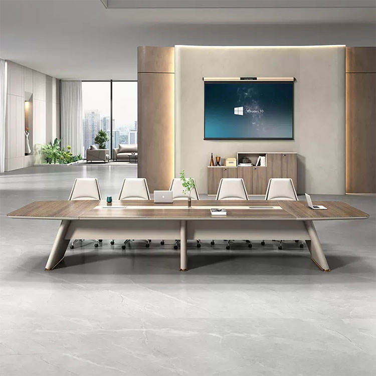 Modern Executive Boardroom Meeting Table with Wood Grain Finish, Curved Dual-Tone Base and Built-in Cable Management – Premium Conference Table