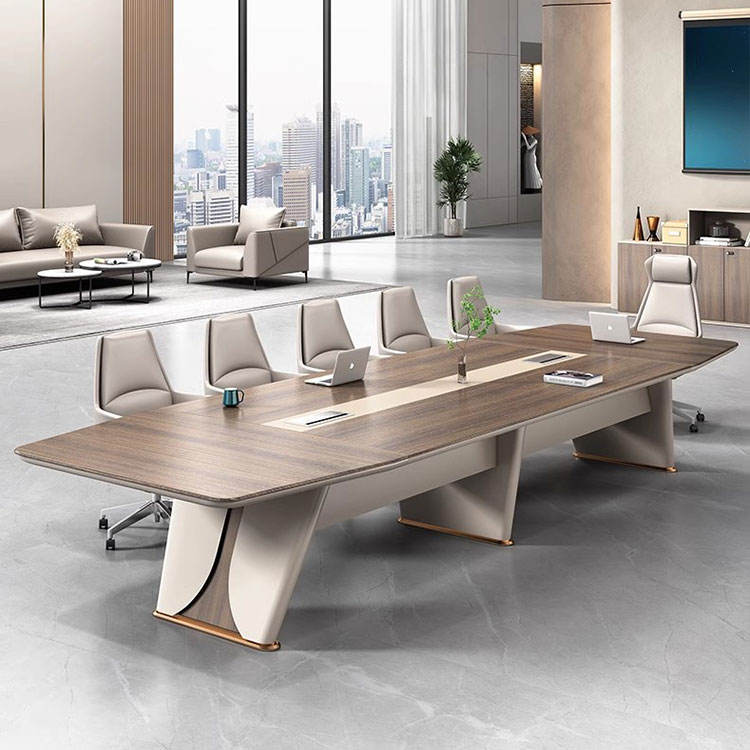 Modern Executive Boardroom Meeting Table with Wood Grain Finish, Curved Dual-Tone Base and Built-in Cable Management – Premium Conference Table