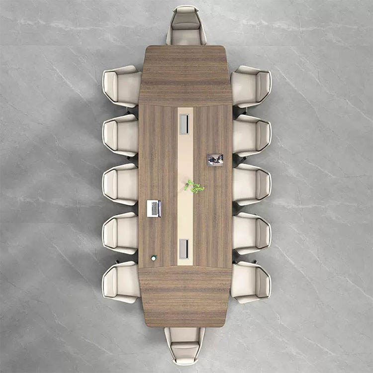 Modern Executive Boardroom Meeting Table with Wood Grain Finish, Curved Dual-Tone Base and Built-in Cable Management – Premium Conference Table