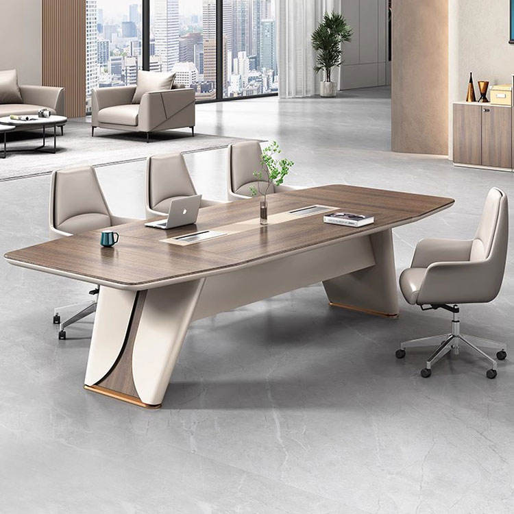 Modern Executive Boardroom Meeting Table with Wood Grain Finish, Curved Dual-Tone Base and Built-in Cable Management – Premium Conference Table