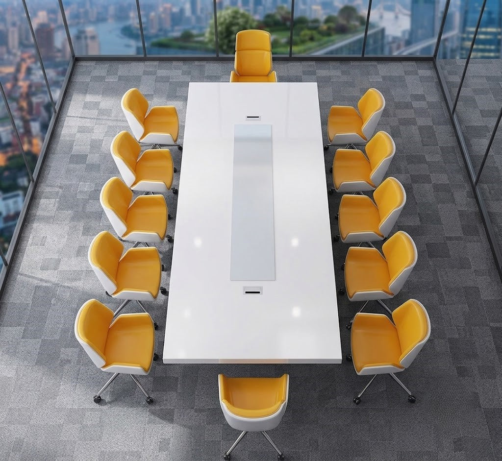 White Conference Table for Large Boardroom Meetings Modern Corporate Discussion Desk with Integrated Cable Management and Luxury Office Design