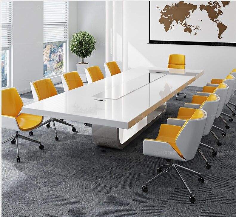 White Conference Table for Large Boardroom Meetings Modern Corporate Discussion Desk with Integrated Cable Management and Luxury Office Design