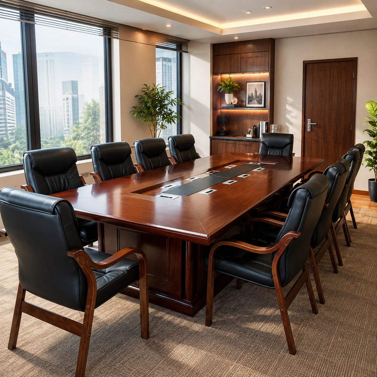 Premium Executive Conference Table for Office Boardroom, Luxury Wooden Meeting Table with Integrated Cable Management and Executive Seating