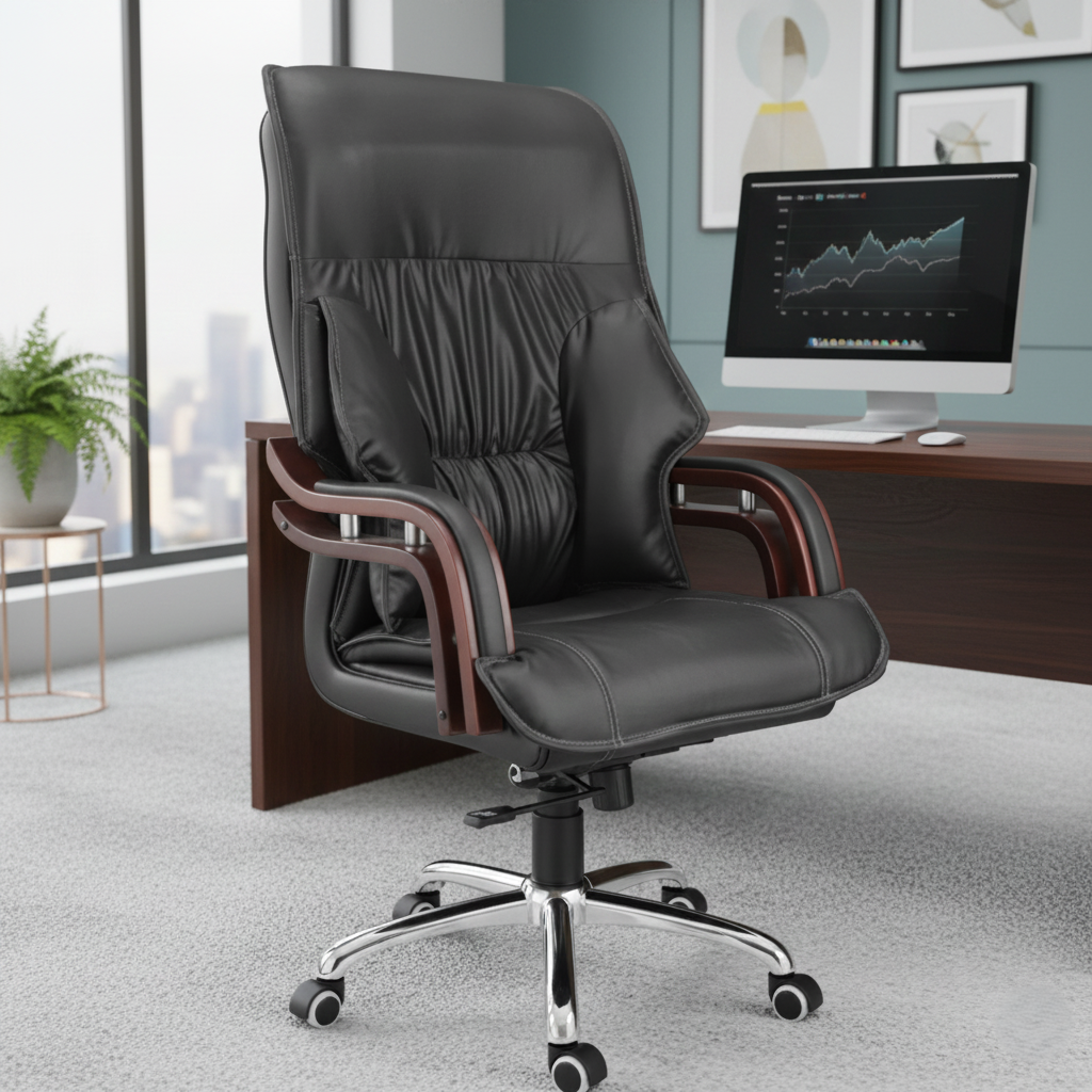 Luxury Boss Chair with High Back Leatherette Design and Stylish Chrome Base and Wooden Handle