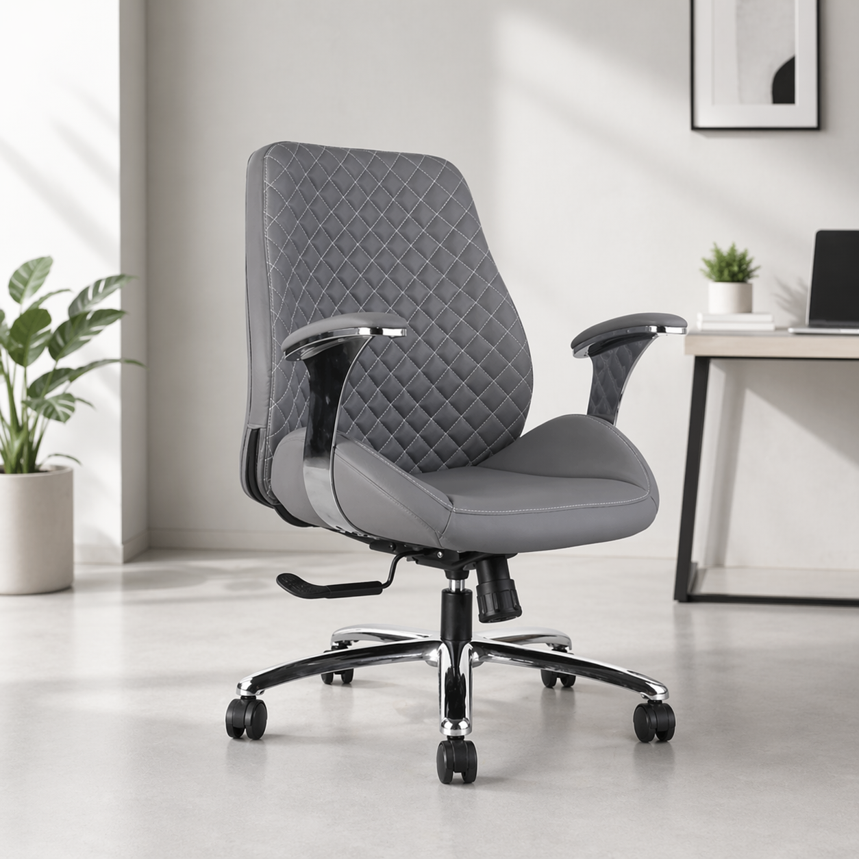 Executive Mid Back Office Chair with Premium PU Leather, Diamond Stitch Design, Adjustable Height, Tilt Mechanism & Chrome Base – Ergonomic Swivel Chair for Office