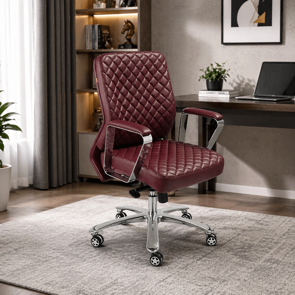 Executive Quilted Mid Back Office Chair in Premium PU Leather with Chrome Base, Ergonomic Design, Height Adjustable, Swivel Office Seating for Cabin & Workspace