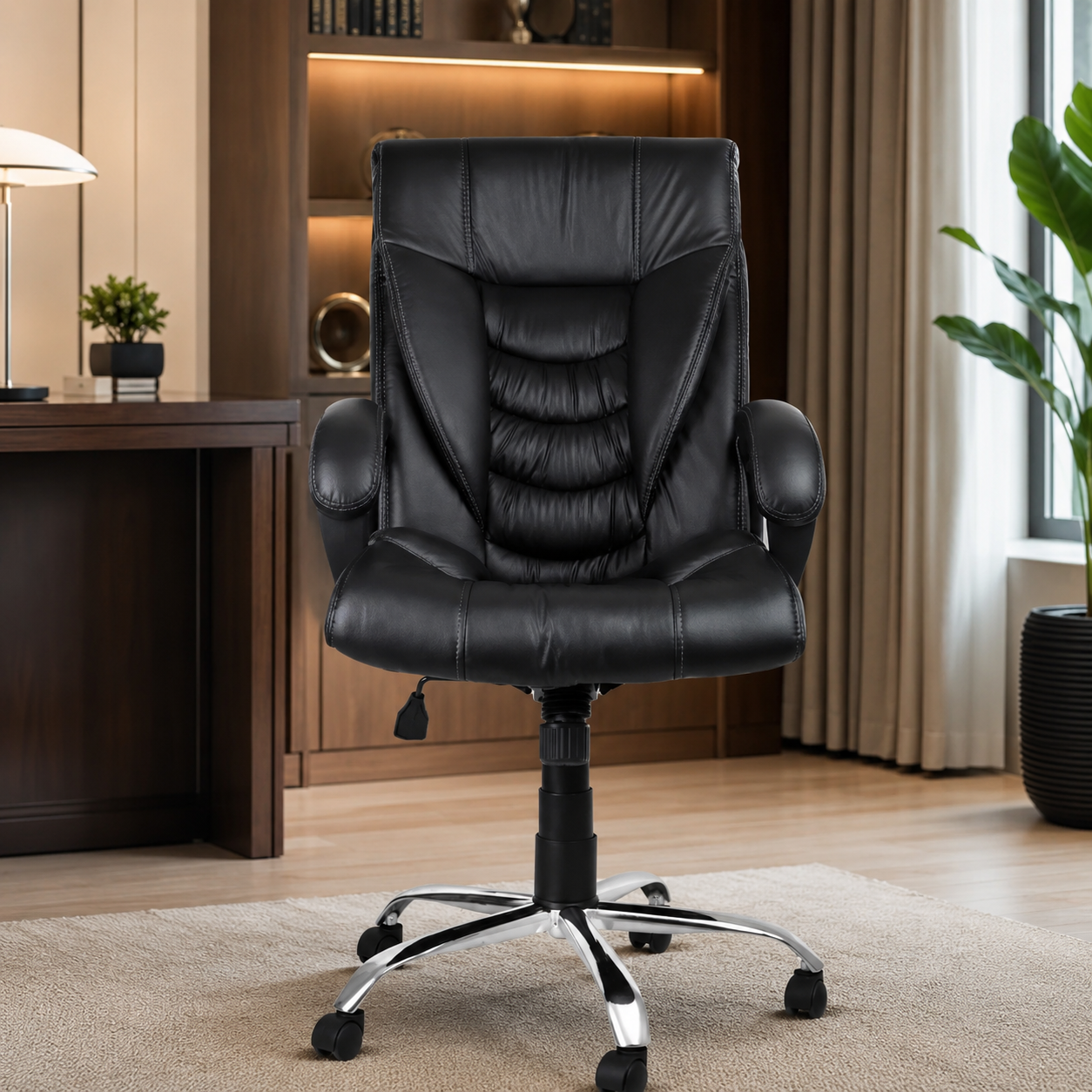 Executive Mid Back Office Chair with PU Leather Upholstery, Ergonomic Design, Adjustable Height, Tilt Mechanism, Swivel Base and Chrome Legs for Office