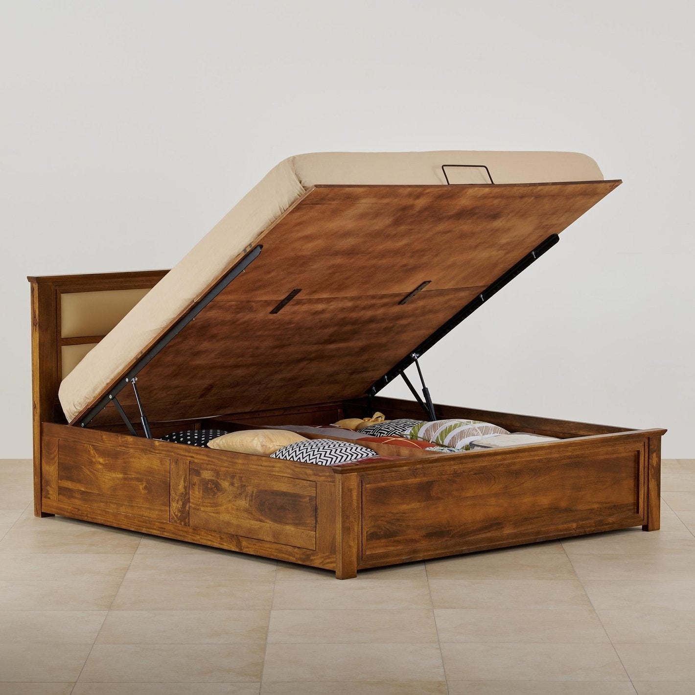 Mango Wood Queen Bed with Hydraulic Storage - Brown -