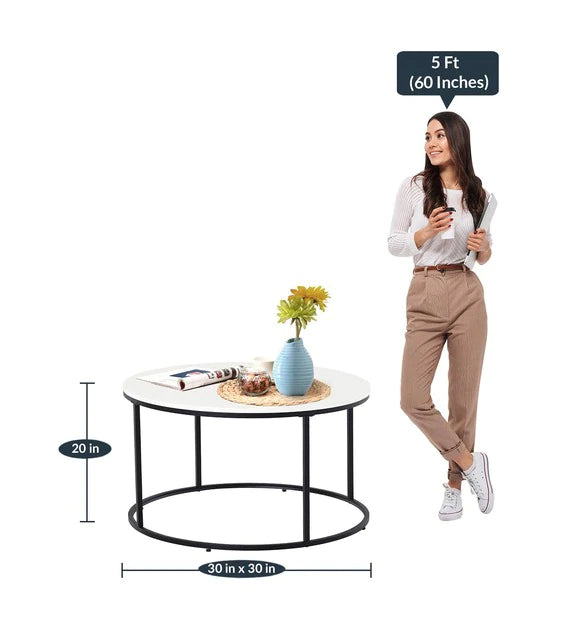 Metal Frame Base Round Laminated Board Coffee Center Table - White -