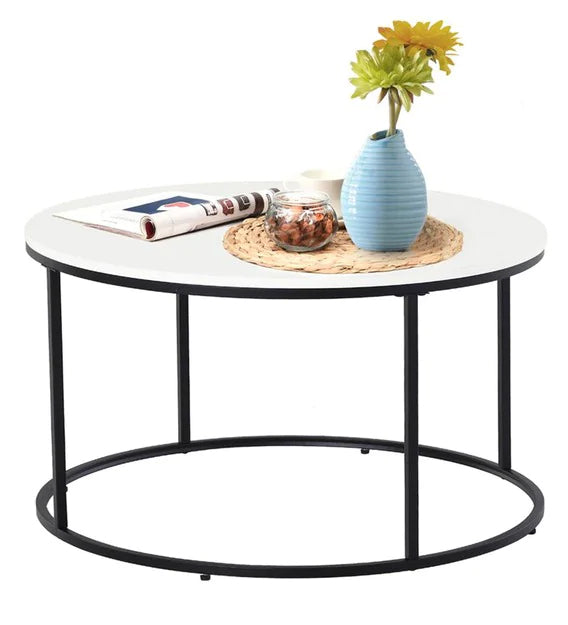 Metal Frame Base Round Laminated Board Coffee Center Table - White -